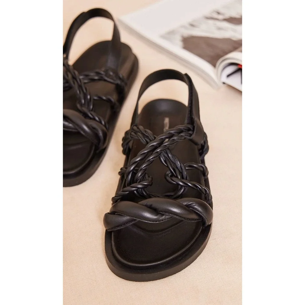 PrettyLittleThing 8 Blk Leather‎ Strappy Chunky Sandals Retro Grunge Y2K Beach